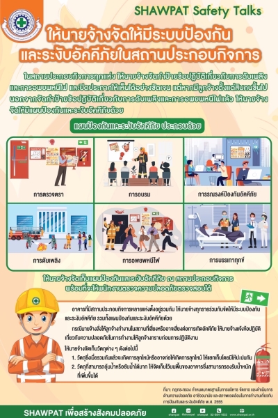 ให้นายจ้างจัดให้มีระบบป้องกันและระงับอัคคีภัยในสถานประกอบกิจการ